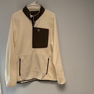 Huk fleece 1/4 zip pullover. Cream and olive green. Large.